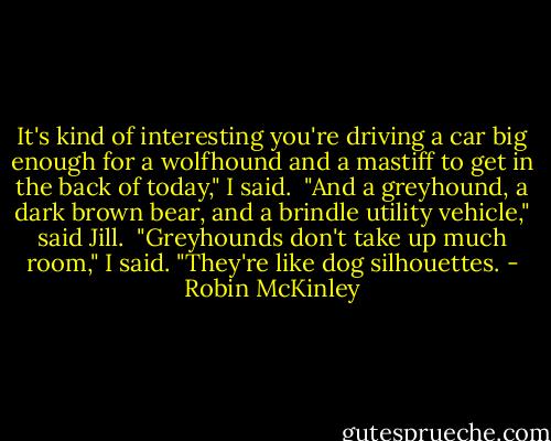 It's kind of interesting you're driving a car big enough for a wolfhound and a mastiff to get in the back of today," I said.<br /><br />"And a greyhound, a dark brown bear, and a brindle utility vehicle," said Jill.<br /><br />"Greyhounds don't take up much room," I said. "They're like dog silhouettes. - Robin McKinley