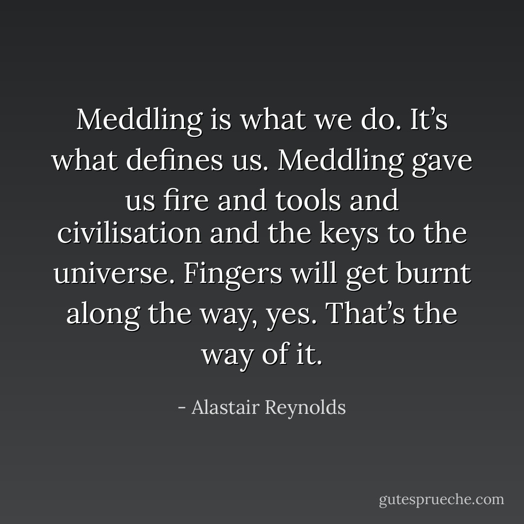 Meddling is what we do. It’s what defines us. Meddling gave us fire and tools and civilisation and the keys to the universe. Fingers will get burnt along the way, yes. That’s the way of it. - Alastair Reynolds