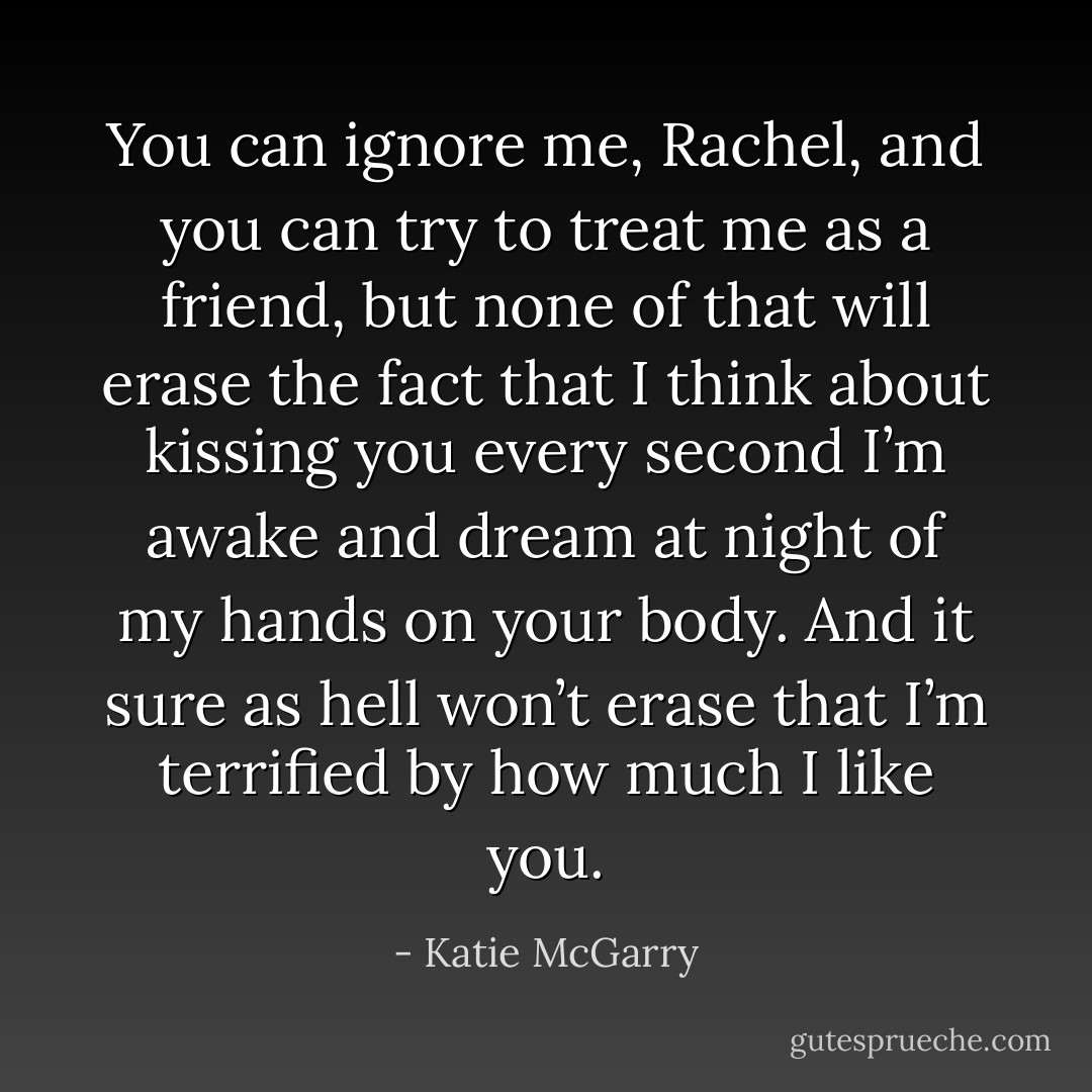 You can ignore me, Rachel, and you can try to treat me as a friend, but none of that will erase the fact that I think about kissing you every second I’m awake and dream at night of my hands on your body. And it sure as hell won’t erase that I’m terrified by how much I like you. - Katie McGarry