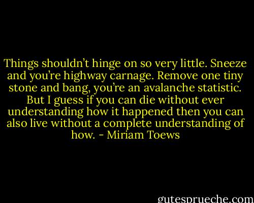 Things shouldn’t hinge on so very little. Sneeze and you’re highway carnage. Remove one tiny stone and bang, you’re an avalanche statistic. But I guess if you can die without ever understanding how it happened then you can also live without a complete understanding of how. - Miriam Toews