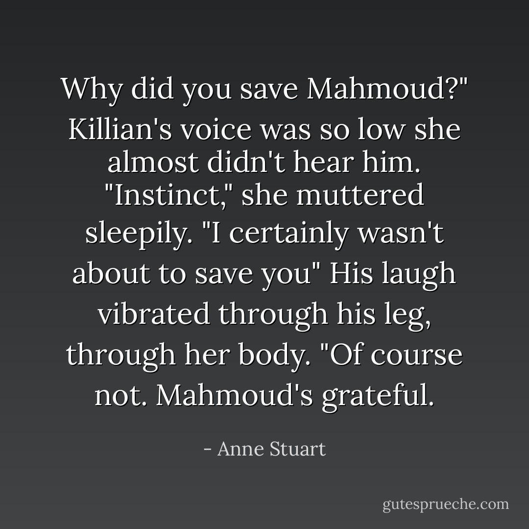 Why did you save Mahmoud?" Killian's voice was so low she almost didn't hear him.<br />"Instinct," she muttered sleepily. "I certainly wasn't about to save <i>you</i>"<br />His laugh vibrated through his leg, through her body. "Of course not. Mahmoud's grateful. - Anne Stuart