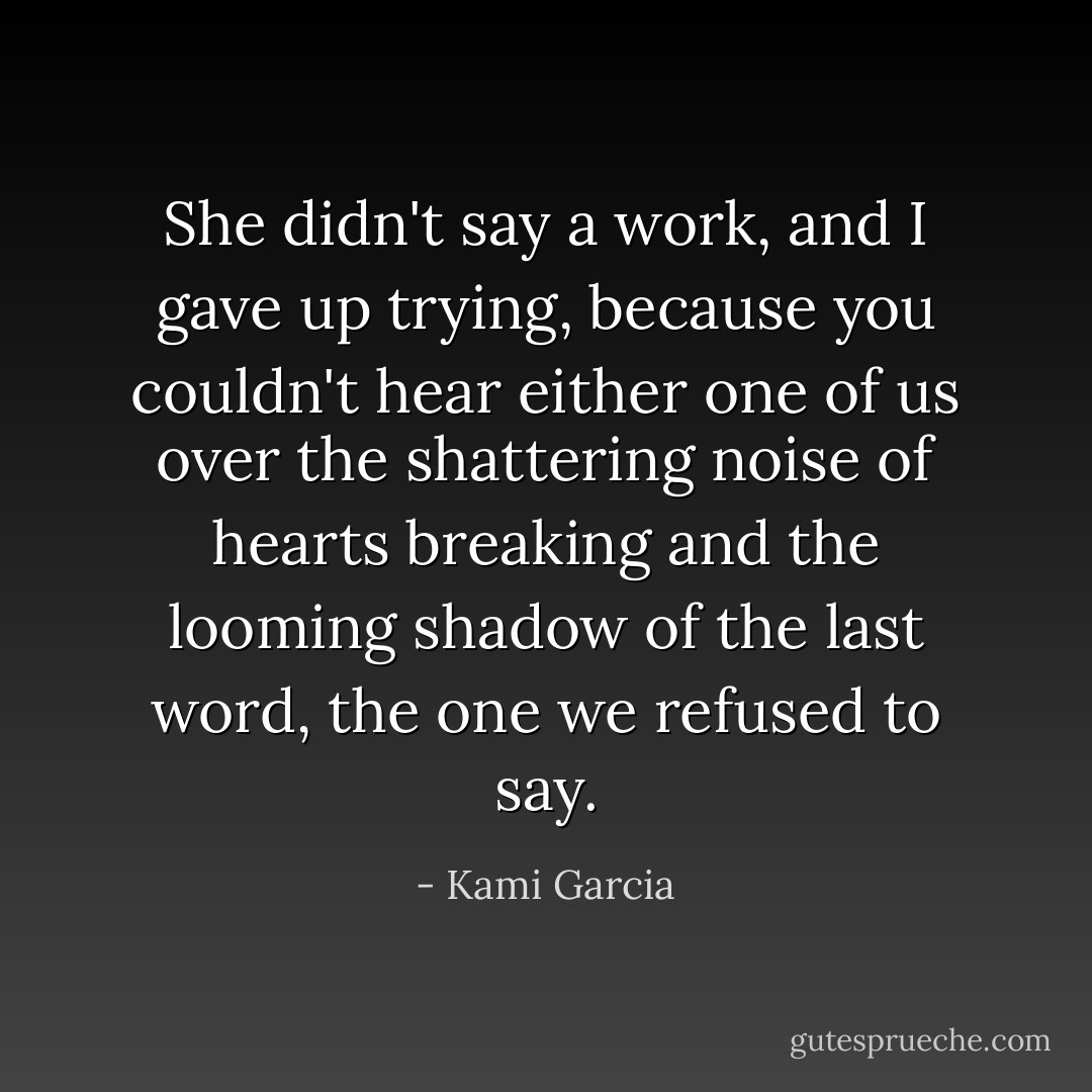 She didn't say a work, and I gave up trying, because you couldn't hear either one of us over the shattering noise of hearts breaking and the looming shadow of the last word, the one we refused to say. - Kami Garcia