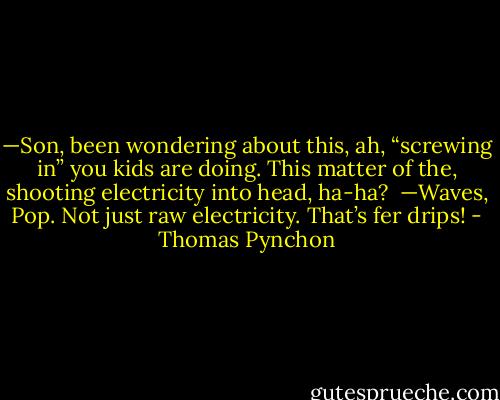 —Son, been wondering about this, ah, “screwing in” you kids are doing. This matter of the, shooting electricity into head, ha-ha?<br /><br />—Waves, Pop. Not just raw electricity. That’s fer drips! - Thomas Pynchon