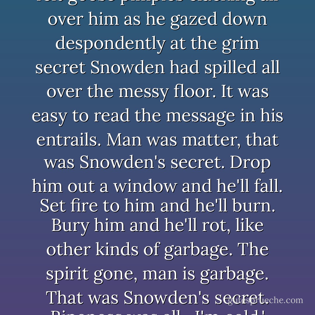 Yossarian was cold, too, and shivering uncontrollably. He felt goose pimples clacking all over him as he gazed down despondently at the grim secret Snowden had spilled all over the messy floor. It was easy to read the message in his entrails. Man was matter, that was Snowden's secret. Drop him out a window and he'll fall. Set fire to him and he'll burn. Bury him and he'll rot, like other kinds of garbage. The spirit gone, man is garbage. That was Snowden's secret. Ripeness was all.<br /><br />I'm cold,' Snowden said. 'I'm cold. - Joseph Heller