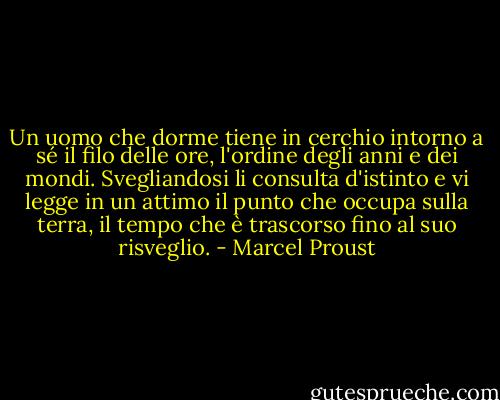 Un uomo che dorme tiene in cerchio intorno a sé il filo delle ore, l'ordine degli anni e dei mondi. Svegliandosi li consulta d'istinto e vi legge in un attimo il punto che occupa sulla terra, il tempo che è trascorso fino al suo risveglio. - Marcel Proust