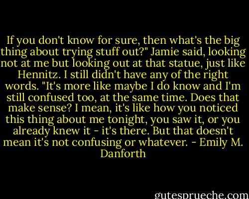 If you don't know for sure, then what's the big thing about trying stuff out?" Jamie said, looking not at me but looking out at that statue, just like Hennitz.<br />I still didn't have any of the right words. "It's more like maybe I do know and I'm still confused too, at the same time. Does that make sense? I mean, it's like how you noticed this thing about me tonight, you saw it, or you already knew it - it's there. But that doesn't mean it's not confusing or whatever. - Emily M. Danforth