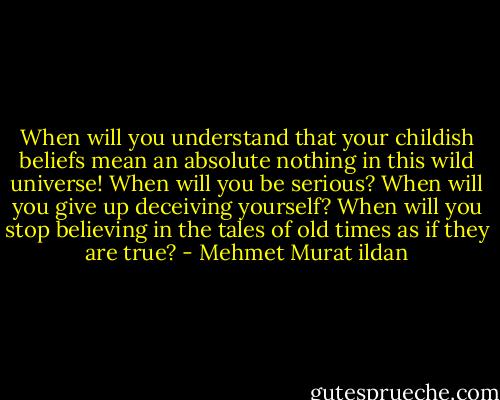 When will you understand that your childish beliefs mean an absolute nothing in this wild universe! When will you be serious? When will you give up deceiving yourself? When will you stop believing in the tales of old times as if they are true? - Mehmet Murat ildan