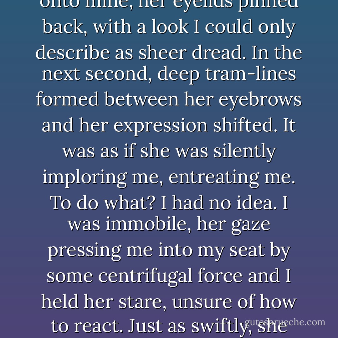 ...We were pulling into the next station, when the woman suddenly got to her feet and made a move to squeeze past me. As her knees made contact with mine, she turned towards me. Her eyes locked straight onto mine, her eyelids pinned back, with a look I could only describe as sheer dread. In the next second, deep tram-lines formed between her eyebrows and her expression shifted. It was as if she was silently imploring me, entreating me. To do what? I had no idea. I was immobile, her gaze pressing me into my seat by some centrifugal force and I held her stare, unsure of how to react. Just as swiftly, she dropped her eyes and the moment passed. With one final glance behind her, she was swallowed up in the bodies at the door. <br />She was getting off. Something wasn’t right. - A.J. Waines