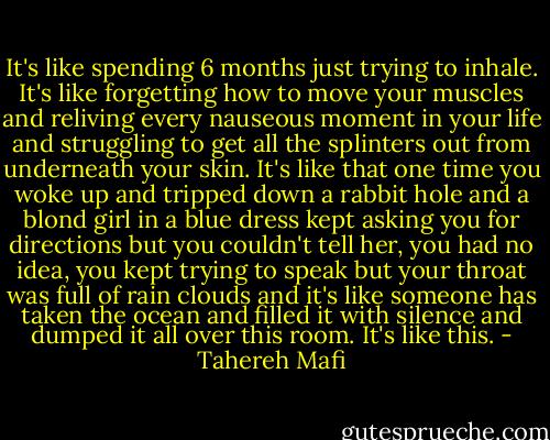 It's like spending 6 months just trying to inhale. It's like forgetting how to move your muscles and reliving every nauseous moment in your life and struggling to get all the splinters out from underneath your skin. It's like that one time you woke up and tripped down a rabbit hole and a blond girl in a blue dress kept asking you for directions but you couldn't tell her, you had no idea, you kept trying to speak but your throat was full of rain clouds and it's like someone has taken the ocean and filled it with silence and dumped it all over this room.<br />It's like this. - Tahereh Mafi