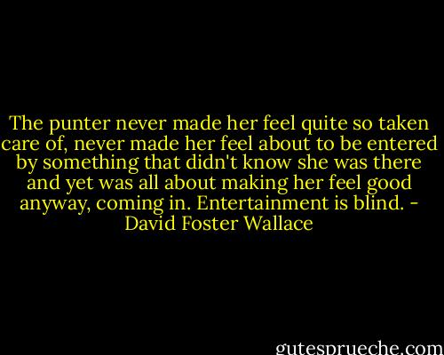 The punter never made her feel quite so taken care of, never made her feel about to be entered by something that didn't know she was there and yet was all about making her feel good anyway, coming in. Entertainment is blind. - David Foster Wallace