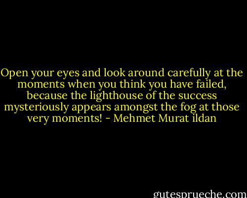 Open your eyes and look around carefully at the moments when you think you have failed, because the lighthouse of the success mysteriously appears amongst the fog at those very moments! - Mehmet Murat ildan