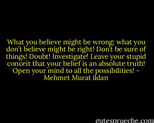 What you believe might be wrong; what you don’t believe might be right! Don’t be sure of things! Doubt! Investigate! Leave your stupid conceit that your belief is an absolute truth! Open your mind to all the possibilities! - Mehmet Murat ildan
