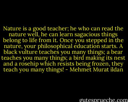 Nature is a good teacher; he who can read the nature well, he can learn sagacious things belong to life from it. Once you stepped in the nature, your philosophical education starts. A black vulture teaches you many things; a bear teaches you many things; a bird making its nest and a rosehip which resists being frozen, they teach you many things! - Mehmet Murat ildan