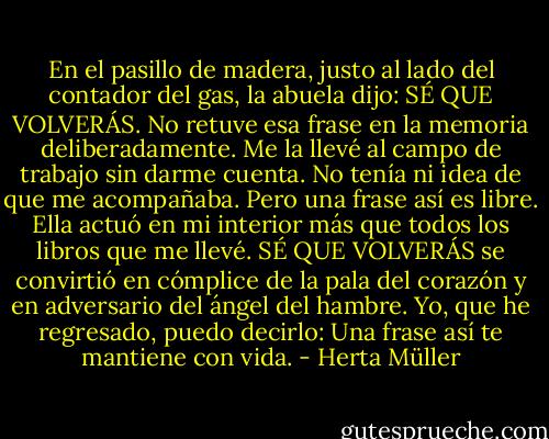 En el pasillo de madera, justo al lado del contador del gas, la abuela dijo: SÉ QUE VOLVERÁS. No retuve esa frase en la memoria deliberadamente. Me la llevé al campo de trabajo sin darme cuenta. No tenía ni idea de que me acompañaba. Pero una frase así es libre. Ella actuó en mi interior más que todos los libros que me llevé. SÉ QUE VOLVERÁS se convirtió en cómplice de la pala del corazón y en adversario del ángel del hambre. Yo, que he regresado, puedo decirlo: Una frase así te mantiene con vida. - Herta Müller