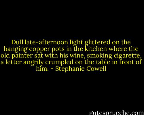 Dull late-afternoon light glittered on the hanging copper pots in the kitchen where the old painter sat with his wine, smoking cigarette, a letter angrily crumpled on the table in front of him. - Stephanie Cowell