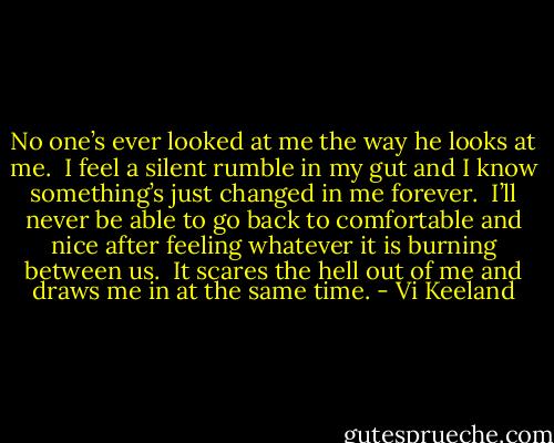No one’s ever looked at me the way he looks at me.  I feel a silent rumble in my gut and I know something’s just changed in me forever.  I’ll never be able to go back to comfortable and nice after feeling whatever it is burning between us.  It scares the hell out of me and draws me in at the same time. - Vi Keeland