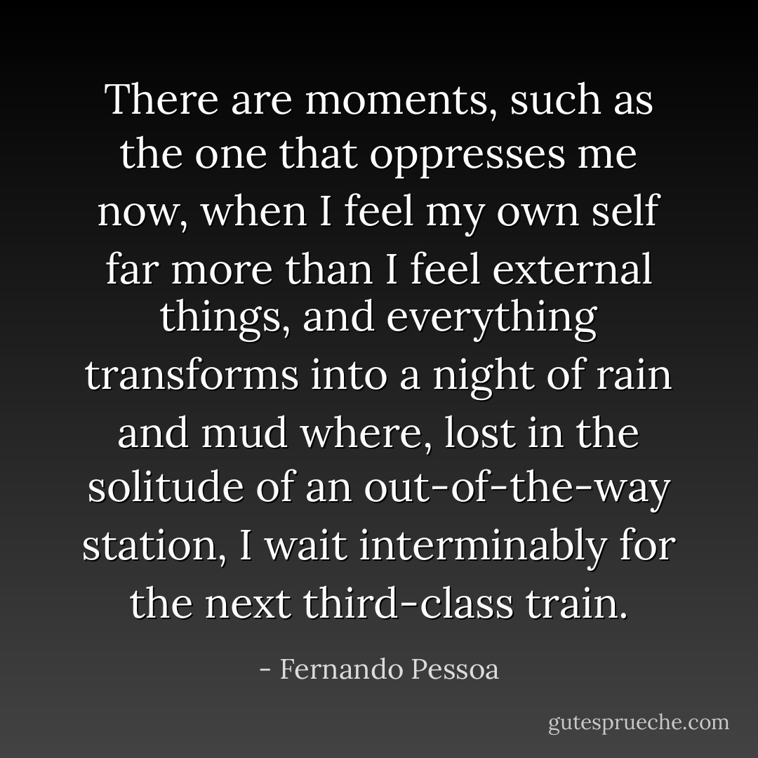 There are moments, such as the one that oppresses me now, when I feel my own self far more than I feel external things, and everything transforms into a night of rain and mud where, lost in the solitude of an out-of-the-way station, I wait interminably for the next third-class train. - Fernando Pessoa
