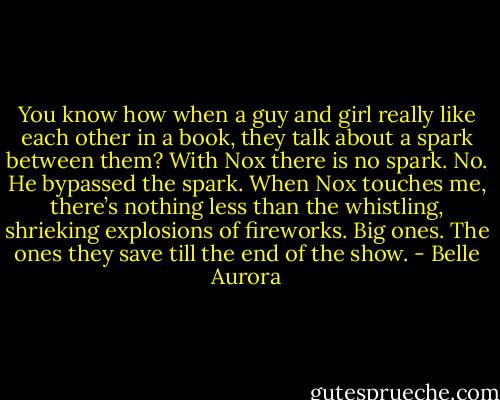 You know how when a guy and girl really like each other in a book, they talk about a spark between them? With Nox there is no spark. No. He bypassed the spark. When Nox touches me, there’s nothing less than the whistling, shrieking explosions of fireworks. Big ones. The ones they save till the end of the show. - Belle Aurora