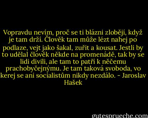 Vopravdu nevím, proč se ti blázni zlobějí, když je tam drží. Člověk tam může lézt nahej po podlaze, vejt jako šakal, zuřit a kousat. Jestli by to udělal člověk někde na promenádě, tak by se lidi divili, ale tam to patří k něčemu prachobyčejnýmu. Je tam taková svoboda, vo kerej se ani socialistům nikdy nezdálo. - Jaroslav Hašek