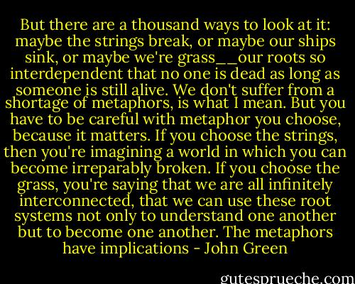 But there are a thousand ways to look at it: maybe the strings break, or maybe our ships sink, or maybe we're grass__our roots so interdependent that no one is dead as long as someone is still alive. We don't suffer from a shortage of metaphors, is what I mean. But you have to be careful with metaphor you choose, because it matters. If you choose the strings, then you're imagining a world in which you can become irreparably broken. If you choose the grass, you're saying that we are all infinitely interconnected, that we can use these root systems not only to understand one another but to become one another. The metaphors have implications - John Green