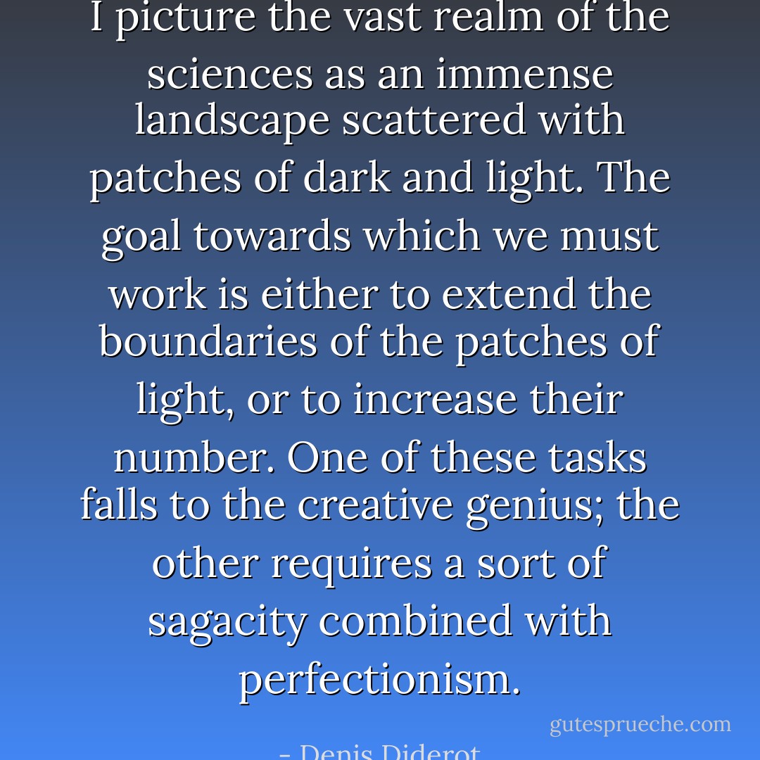 I picture the vast realm of the sciences as an immense landscape scattered with patches of dark and light. The goal towards which we must work is either to extend the boundaries of the patches of light, or to increase their number. One of these tasks falls to the creative genius; the other requires a sort of sagacity combined with perfectionism. - Denis Diderot