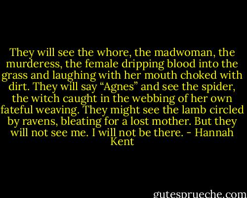 They will see the whore, the madwoman, the murderess, the female dripping blood into the grass and laughing with her mouth choked with dirt. They will say “Agnes” and see the spider, the witch caught in the webbing of her own fateful weaving. They might see the lamb circled by ravens, bleating for a lost mother. But they will not see me. I will not be there. - Hannah Kent
