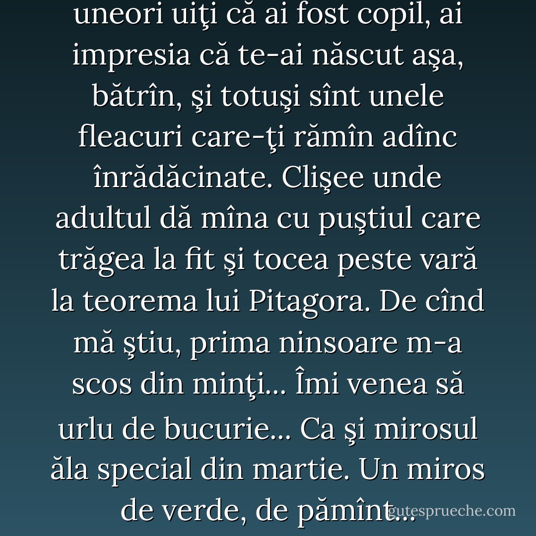 Vîrsta ne schimbă atît de mult, uneori uiţi că ai fost copil, ai impresia că te-ai născut aşa, bătrîn, şi totuşi sînt unele fleacuri care-ţi rămîn adînc înrădăcinate. Clişee unde adultul dă mîna cu puştiul care trăgea la fit şi tocea peste vară la teorema lui Pitagora. De cînd mă ştiu, prima ninsoare m-a scos din minţi... Îmi venea să urlu de bucurie... Ca şi mirosul ăla special din martie. Un miros de verde, de pămînt... - Rodica Ojog-Braşoveanu