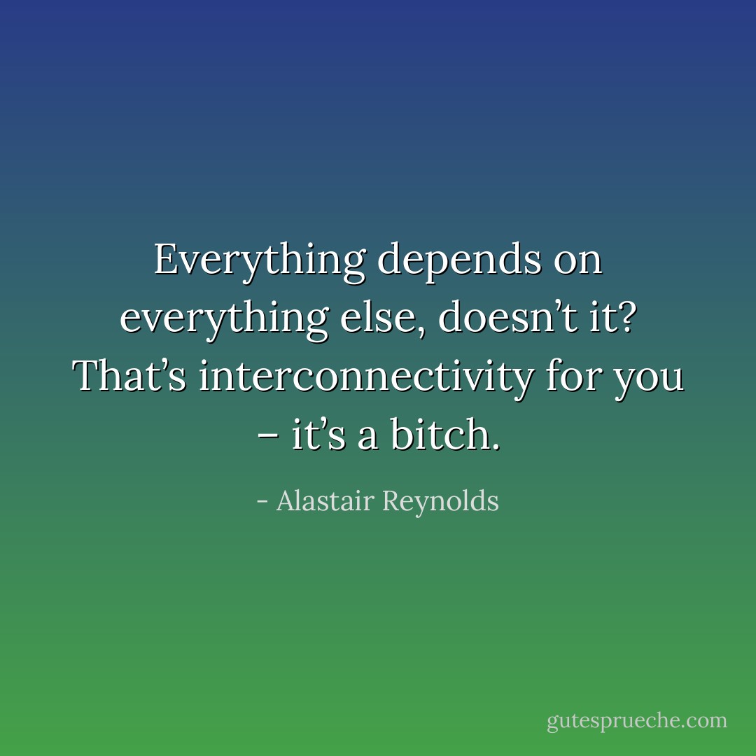 Everything depends on everything else, doesn’t it? That’s interconnectivity for you – it’s a bitch. - Alastair Reynolds