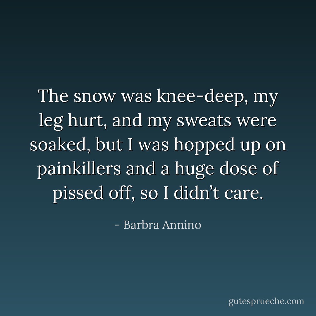 The snow was knee-deep, my leg hurt, and my sweats were soaked, but I was hopped up on painkillers and a huge dose of pissed off, so I didn’t care. - Barbra Annino