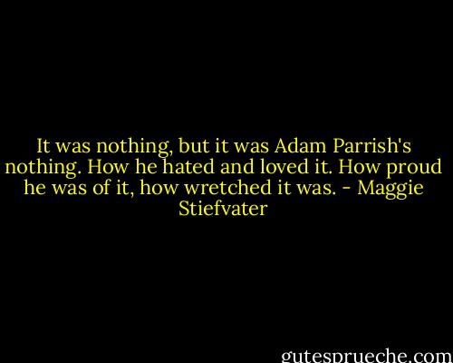 It was nothing, but it was Adam Parrish's nothing. How he hated and loved it. How proud he was of it, how wretched it was. - Maggie Stiefvater