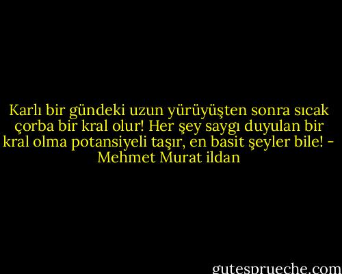 Karlı bir gündeki uzun yürüyüşten sonra sıcak çorba bir kral olur! Her şey saygı duyulan bir kral olma potansiyeli taşır, en basit şeyler bile! - Mehmet Murat ildan