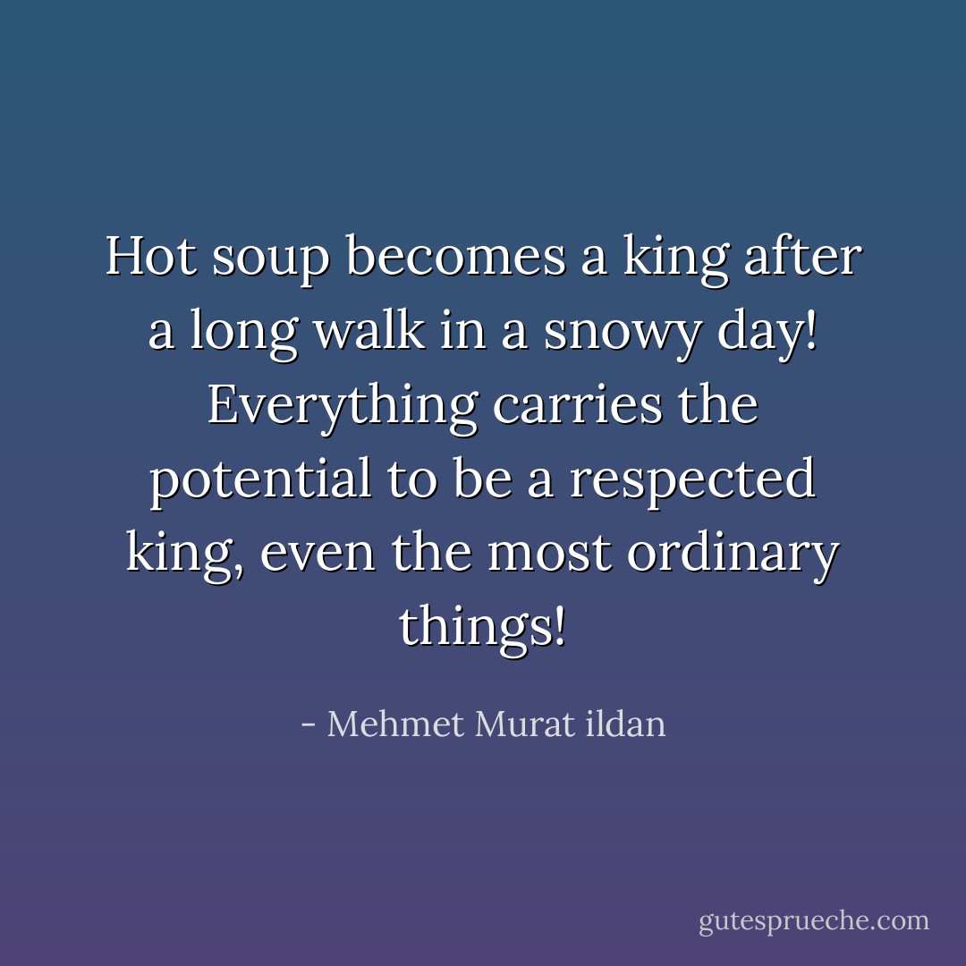 Hot soup becomes a king after a long walk in a snowy day! Everything carries the potential to be a respected king, even the most ordinary things! - Mehmet Murat ildan