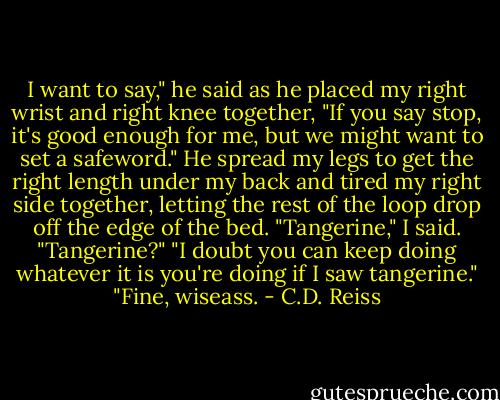 I want to say," he said as he placed my right wrist and right knee together, "If you say stop, it's good enough for me, but we might want to set a safeword." He spread my legs to get the right length under my back and tired my right side together, letting the rest of the loop drop off the edge of the bed. "Tangerine," I said. "Tangerine?" "I doubt you can keep doing whatever it is you're doing if I saw tangerine." "Fine, wiseass. - C.D. Reiss