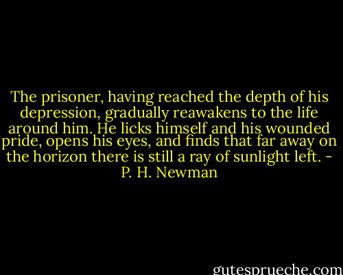 The prisoner, having reached the depth of his depression, gradually reawakens to the life around him. He licks himself and his wounded pride, opens his eyes, and finds that far away on the horizon there is still a ray of sunlight left. - P. H. Newman