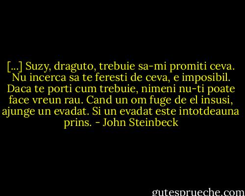 [...] Suzy, draguto, trebuie sa-mi promiti ceva. Nu incerca sa te feresti de ceva, e imposibil. Daca te porti cum trebuie, nimeni nu-ti poate face vreun rau. Cand un om fuge de el insusi, ajunge un evadat. Si un evadat este intotdeauna prins. - John Steinbeck