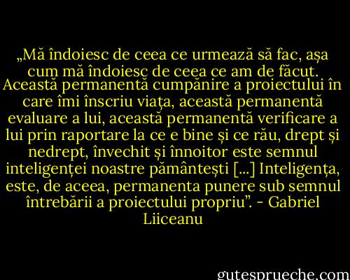„Mă îndoiesc de ceea ce urmează să fac, așa cum mă îndoiesc de ceea ce am de făcut. Această permanentă cumpănire a proiectului în care îmi înscriu viața, această permanentă evaluare a lui, această permanentă verificare a lui prin raportare la ce e bine și ce rău, drept și nedrept, învechit și înnoitor este semnul inteligenței noastre pământești [...] Inteligența, este, de aceea, permanenta punere sub semnul întrebării a proiectului propriu”. - Gabriel Liiceanu