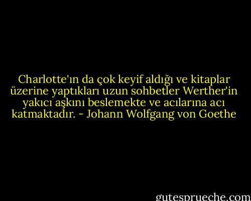 Charlotte'ın da çok keyif aldığı ve kitaplar üzerine yaptıkları uzun sohbetler Werther'in yakıcı aşkını beslemekte ve acılarına acı katmaktadır. - Johann Wolfgang von Goethe