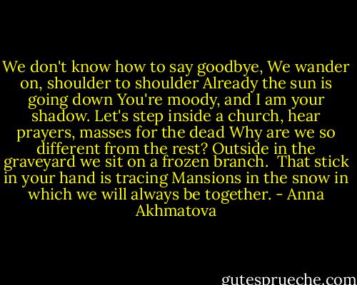 We don't know how to say goodbye,<br />We wander on, shoulder to shoulder<br />Already the sun is going down<br />You're moody, and I am your shadow.<br />Let's step inside a church, hear prayers, masses for the dead<br />Why are we so different from the rest?<br />Outside in the graveyard we sit on a frozen branch.<br /><br />That stick in your hand is tracing<br />Mansions in the snow in which we will always be together. - Anna Akhmatova