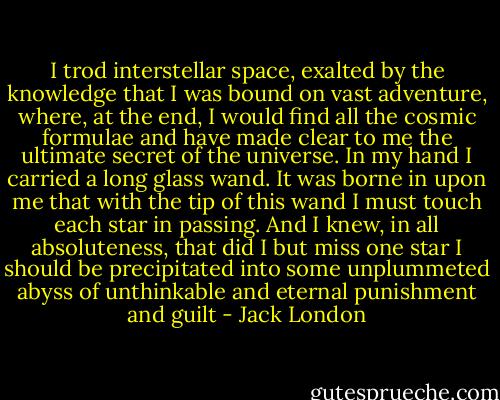 I trod interstellar space, exalted by the knowledge that I was bound on vast adventure, where, at the end, I would find all the cosmic formulae and have made clear to me the ultimate secret of the universe. In my hand I carried a long glass wand. It was borne in upon me that with the tip of this wand I must touch each star in passing. And I knew, in all absoluteness, that did I but miss one star I should be precipitated into some unplummeted abyss of unthinkable and eternal punishment and guilt - Jack London