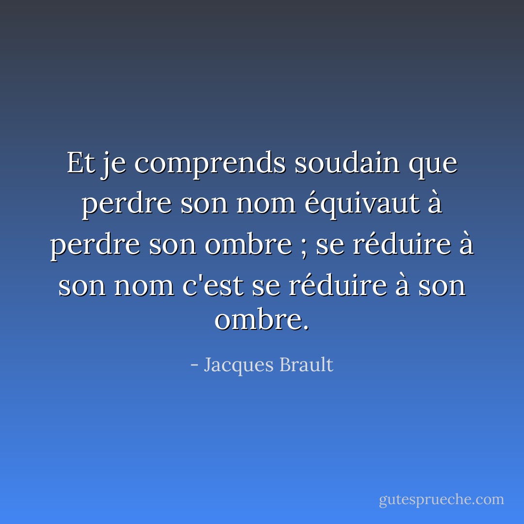 Et je comprends soudain que perdre son nom équivaut à perdre son ombre ; se réduire à son nom c'est se réduire à son ombre. - Jacques Brault