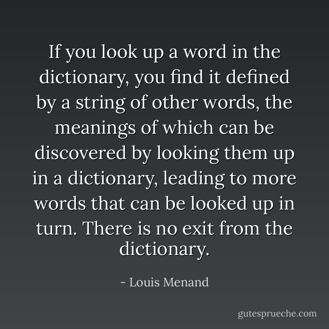 If you look up a word in the dictionary, you find it defined by a string of other words, the meanings of which can be discovered by looking them up in a dictionary, leading to more words that can be looked up in turn. There is no exit from the dictionary. - Louis Menand