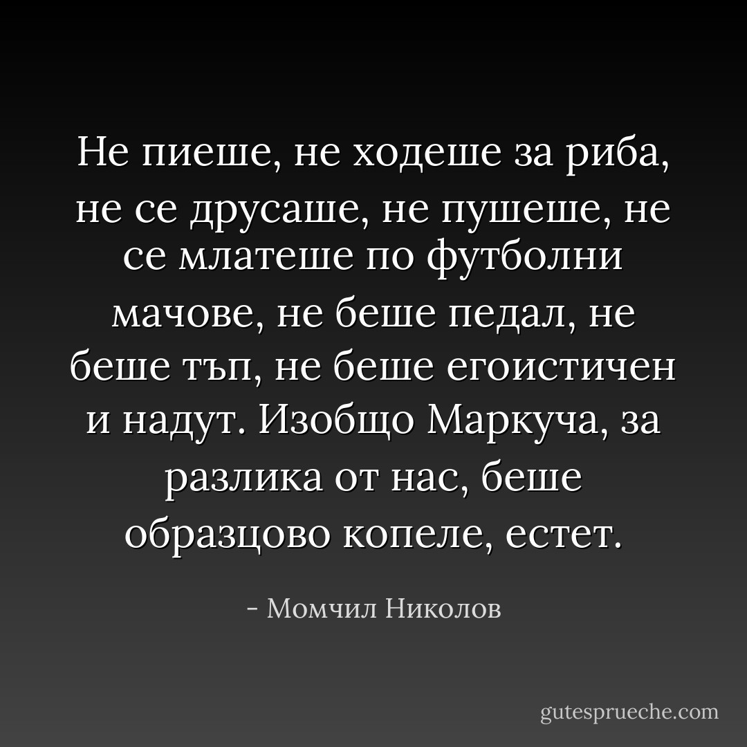 Не пиеше, не ходеше за риба, не се друсаше, не пушеше, не се млатеше по футболни мачове, не беше педал, не беше тъп, не беше егоистичен и надут. Изобщо Маркуча, за разлика от нас, беше образцово копеле, естет. - Момчил Николов