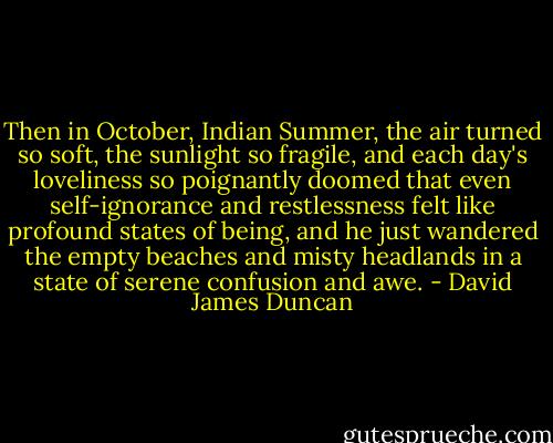 Then in October, Indian Summer, the air turned so soft, the sunlight so fragile, and each day's loveliness so poignantly doomed that even self-ignorance and restlessness felt like profound states of being, and he just wandered the empty beaches and misty headlands in a state of serene confusion and awe. - David James Duncan