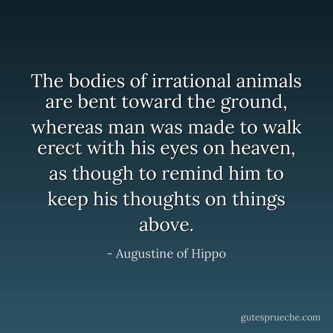 The bodies of irrational animals are bent toward the ground, whereas man was made to walk erect with his eyes on heaven, as though to remind him to keep his thoughts on things above. - Augustine of Hippo