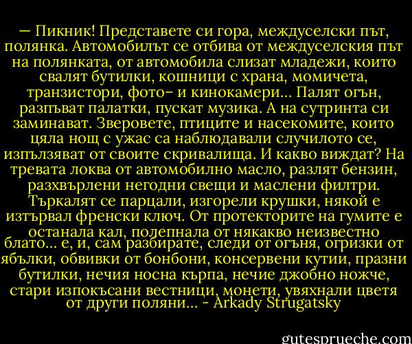 — Пикник! Представете си гора, междуселски път, полянка. Автомобилът се отбива от междуселския път на полянката, от автомобила слизат младежи, които свалят бутилки, кошници с храна, момичета, транзистори, фото– и кинокамери… Палят огън, разпъват палатки, пускат музика. А на сутринта си заминават. Зверовете, птиците и насекомите, които цяла нощ с ужас са наблюдавали случилото се, изпълзяват от своите скривалища. И какво виждат? На тревата локва от автомобилно масло, разлят бензин, разхвърлени негодни свещи и маслени филтри. Търкалят се парцали, изгорели крушки, някой е изтървал френски ключ. От протекторите на гумите е останала кал, полепнала от някакво неизвестно блато… е, и, сам разбирате, следи от огъня, огризки от ябълки, обвивки от бонбони, консервени кутии, празни бутилки, нечия носна кърпа, нечие джобно ножче, стари изпокъсани вестници, монети, увяхнали цветя от други поляни… - Arkady Strugatsky