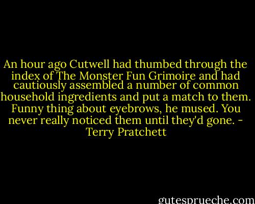 An hour ago Cutwell had thumbed through the index of The Monster Fun Grimoire and had cautiously assembled a number of common household ingredients and put a match to them.<br />Funny thing about eyebrows, he mused. You never really noticed them until they'd gone. - Terry Pratchett