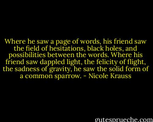 Where he saw a page of words, his friend saw the field of hesitations, black holes, and possibilities between the words. Where his friend saw dappled light, the felicity of flight, the sadness of gravity, he saw the solid form of a common sparrow. - Nicole Krauss