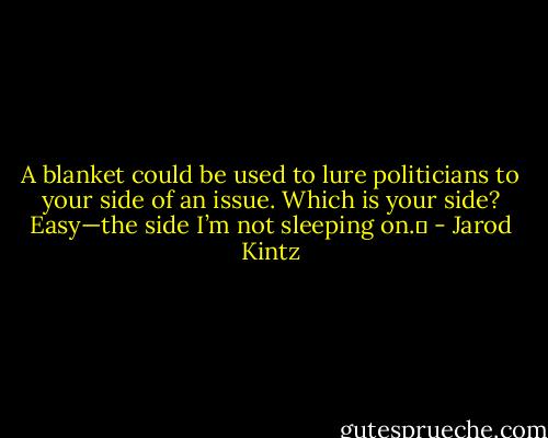 A blanket could be used to lure politicians to your side of an issue. Which is your side? Easy—the side I’m not sleeping on.  - Jarod Kintz