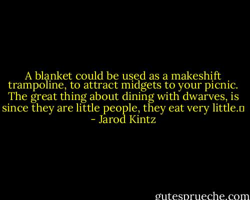 A blanket could be used as a makeshift trampoline, to attract midgets to your picnic. The great thing about dining with dwarves, is since they are little people, they eat very little.  - Jarod Kintz