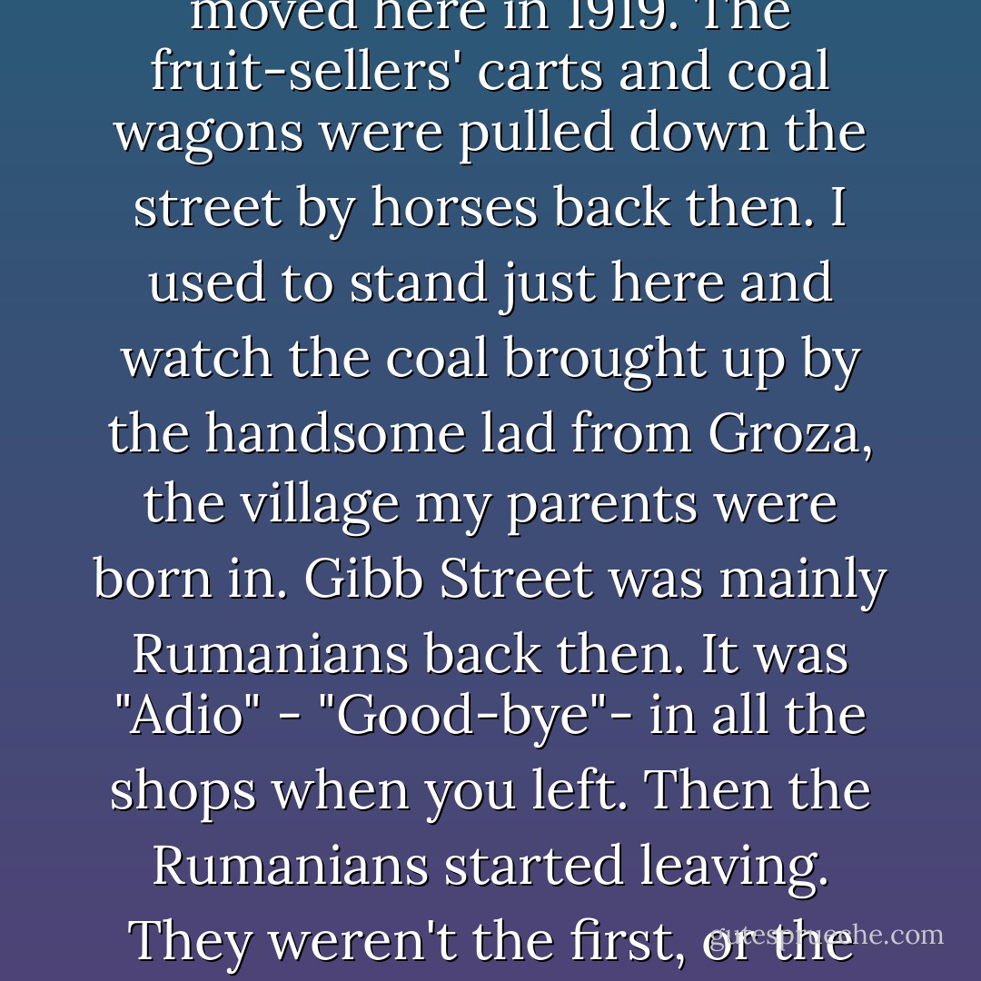 Why do I need TV when I have forty-eight apartment windows to watch across the vacant lot, and a sliver of Lake Erie? I've seen history out this window. So much. I was four when we moved here in 1919. The fruit-sellers' carts and coal wagons were pulled down the street by horses back then. I used to stand just here and watch the coal brought up by the handsome lad from Groza, the village my parents were born in. Gibb Street was mainly Rumanians back then. It was "Adio" - "Good-bye"- in all the shops when you left. Then the Rumanians started leaving. They weren't the first, or the last. This has always been a working-class neighborhood. It's like a cheap hotel - you stay until you've got enough money to leave. - Paul Fleischman